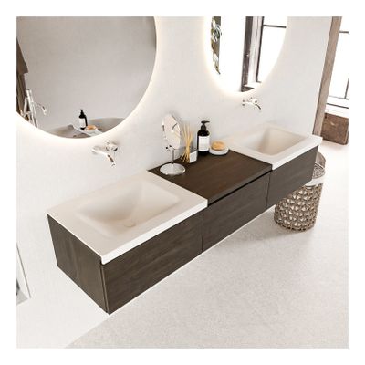 Mondiaz Bukla 180cm badmeubel met module 60 dark brown 3 lades met wastafel dubbel zonder kraangat kleur talc