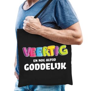 Cadeau tas 40 jaar - veertig en goddelijk - heren - zwart - katoen - 42 x 38 cm