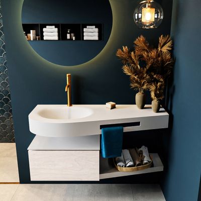 MONDIAZ RIVA 120cm badmeubel onderkast / planchet kleur Underlayment met 1 lade. Wastafel DULCET links 1 kraangat kleur Talc.