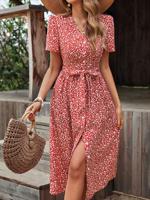V Neck Casual Small Floral Regular Fit Dress With No