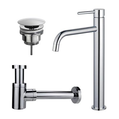 Fortifura Calvi Slim Wastafelkraanset - verhoogde wastafelkraan - always open plug - verlaagde design sifon - Chroom SW377813/SW696209/SW696219