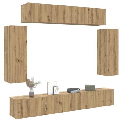 6-delig Tv-meubelset wandmontage bewerkt hout artisanaal eiken