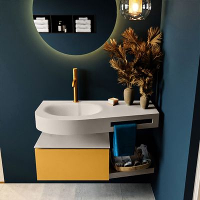 MONDIAZ RIVA 100cm badmeubel onderkast / planchet kleur Ocher met 1 lade. Wastafel DULCET links 1 kraangat kleur Linen. MONDIAZ RIVA 100cm badmeubel onderkast / planchet kleur Ocher met 1 lade. Wastafel DULCET links 1 kraangat kleur Linen.