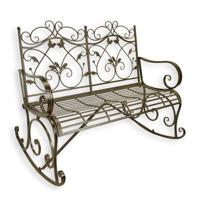 A BROWN IRON GARDEN TWO-SEATER ROCKING BENCH