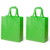 Draagtas/schoudertas/boodschappentas met hengsels - 2x stuks - lime groen - 35 x 40 x 15 cm - polyes