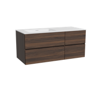 Storke Edge zwevend badmeubel 120 x 52 cm notenhout met Mata asymmetrisch linkse wastafel in solid surface mat wit