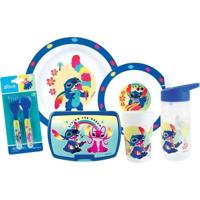 Serviesset - FUN HOUSE - STITCH AND ANGEL - Glas, bord Ø22 cm en Ø16 cm, bestek, waterfles en snackdoosje