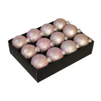 Luxe kerstballen - gedecoreerd - 12x st - poeder roze - D7,5 cm - glas - kerstversiering