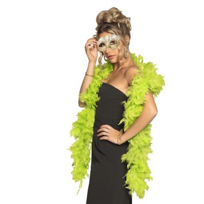 Venetiaans oogmasker in het goud - Met dikke veren Boa in het lime groen - 180 cm - Dames