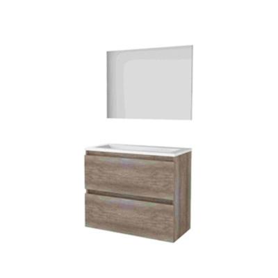 Basic-Line Basic 39 Badkamermeubelset - Ondiep - 80 x 39 cm - Greeploos - 2 Lades - Acryl Wastafel - Zonder Kraangat - Spiegel - Scotch Oak