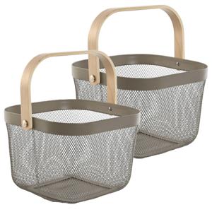 Draadmand/fruitschaal Maya - 2x - vierkant - grijs/beige - 26 x 26 x 18 cm - metaal/hout - keuken ma