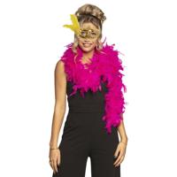 Carnaval gemaskerd bal verkleed accessoires - Venetiaans masker goud - Boa in roze - Dames