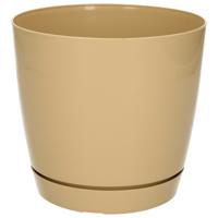 Plantenpot/bloempot met opvangschaal - kunststof - beige - D16 x H14 cm - binnen/buiten