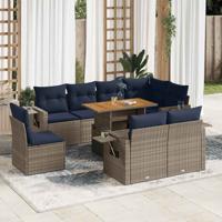 9-delige Loungeset met kussens poly rattan grijs