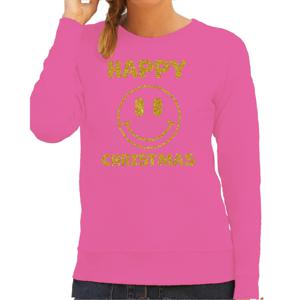 Foute kersttrui/sweater voor dames - Happy Christmas - roze - glitter goud - Smiley