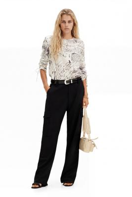 Blouse met verstelbare mouwen en tekstopdruk. - WHITE - XS