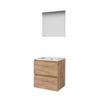 Basic-Line Basic 46 Badkamermeubelset - 60 x 46 cm - Greeploos - 2 Lades - Keramische Wastafel - 1 Kraangat - Spiegel - Whisky Oak