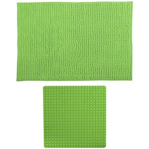 MSV Douche anti-slip mat en droogloop mat - Sevilla badkamer set - rubber/microvezel - limegroen - Badmatjes