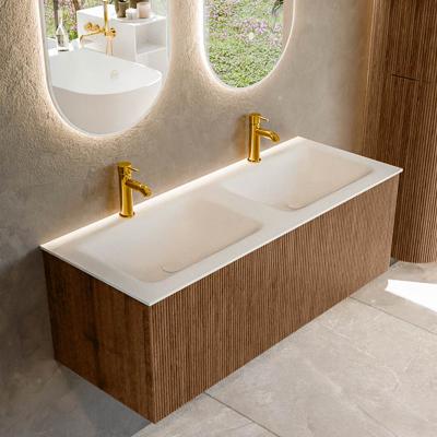 Mondiaz KURVE 120 cm Onderkast Greeploos 1 Lade Zonder Deuren Walnut, Wastafel Solid Surface Dubbel Talc 2 Kraangaten Zonder Spiegel (KRVCLO1201L0D2KD-Wal/Tal)