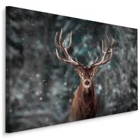 Schilderij - Hert in de sneeuw, 4 maten, bruin/grijs, premium print - thumbnail