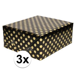 3x Zwart folie geschenkpapier gouden stip 200 x 70 cm - Cadeaupapier