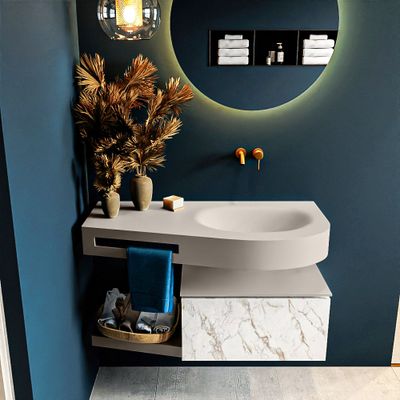 MONDIAZ RIVA 100cm badmeubel onderkast / planchet kleur carrara met 1 lade. Wastafel DULCET rechts 0 kraangaten kleur Linen.