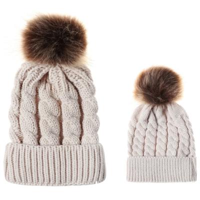 2 in 1 herfst en winter ouder-kind hoed set warme twist textuur gebreide muts met wol bal grootte: ouder-kind (kaki)