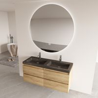 Fontana Freestone badkamermeubel warm eiken 120cm met natuurstenen wastafel 2 kraangaten en ronde spiegel - thumbnail
