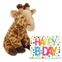 Verjaardag cadeau giraffe 23 cm met XL Happy Birthday wenskaart