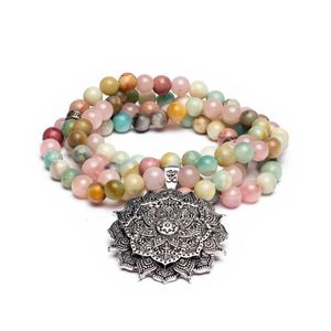 Mala rozenkwarts/ amazoniet/ rhodoniet + lotus - Spirituele Sieraden en Edelstenen - Spiritueelboek.nl