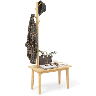 Bijzettafel met Kapstok Vrijstaande Kapstok van Massief Hout 2 In 1 Schoenenbank met 3 Haken voor Woonkamer Hal Natuurlijke