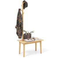 Bijzettafel met Kapstok Vrijstaande Kapstok van Massief Hout 2 In 1 Schoenenbank met 3 Haken voor Woonkamer Hal Natuurlijke