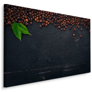 Schilderij - Koffiebonen op een Zwart Houten Tafel, Premium Print