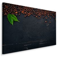 Schilderij - Koffiebonen op een Zwart Houten Tafel, Premium Print