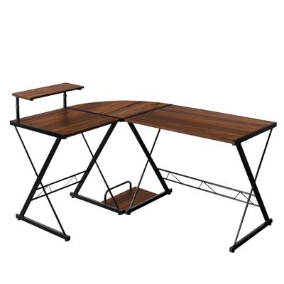 L-Vormig Hoekbureau 147 cm x 112 cm Computer Gaming Bureau met Monitor Standaard en Host Lade Walnoot