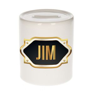 Naam cadeau spaarpot Jim met gouden embleem