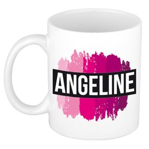 Naam cadeau mok / beker Angeline  met roze verfstrepen 300 ml   -