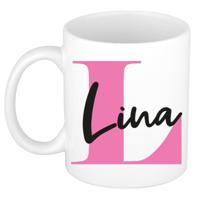 Naam mok Lina - roze - wit - keramiek - 300 ml - verjaardag/cadeau beker