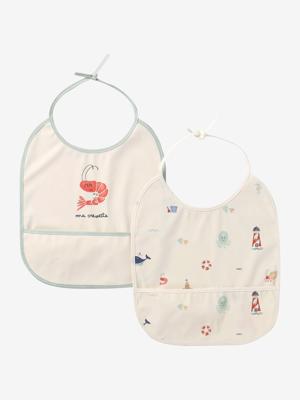 Set van 2 geplastificeerde babyslabbetjes wit, bedrukt