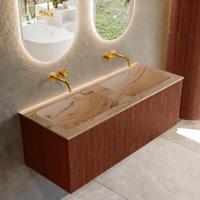 Badmeubel Mondiaz Kurve-Dlux | 120 cm | Meubelkleur Ruby | Wastafelkleur Arena | Solid surface | Wasbak beide zijden spoelbak | Zonder kraangat(en)