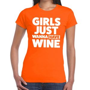 Girls Just Wanna Have Wine tekst t-shirt oranje dames
