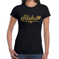 Aloha in gouden glitter tekst - hawaii thema t-shirt - zwart - dames - verkleedkleding