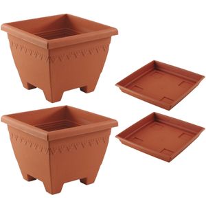 4x stuks vierkante plantenbakken terra cotta met opvangschaal 35 x 35 x 27 cm