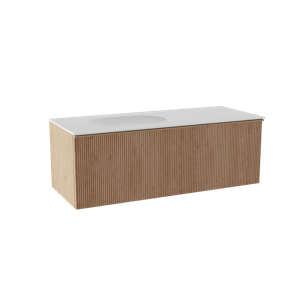 Balmani Forma zwevend badmeubel 135 x 55 cm naturel eiken met Tablo Oval asymmetrisch linkse wastafel in solid surface mat wit, Verticale symmetrische rechte ribbel