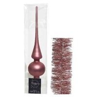 Kerstversiering glazen piek mat 26 cm en folieslingers pakket oud roze van 3x stuks