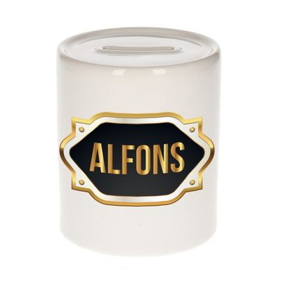 Naam cadeau spaarpot Alfons met gouden embleem