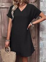 Plain Loose Casual V Neck Dress With No - thumbnail