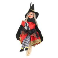 Halloween decoratie heksen pop op bezem - 20 cm - zwart/rood   -