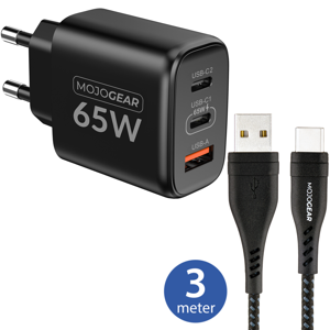 MOJOGEAR CHARGE+ 65W snellader met USB naar USB-C kabel 3 meter | Geschikt voor Samsung/iPhone 15/16