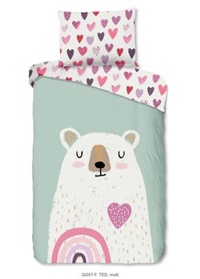 Good Morning Kinderdekbedovertrek "beer met hart en regenboog" - Multi - (140x200 cm) - Katoen Flanel